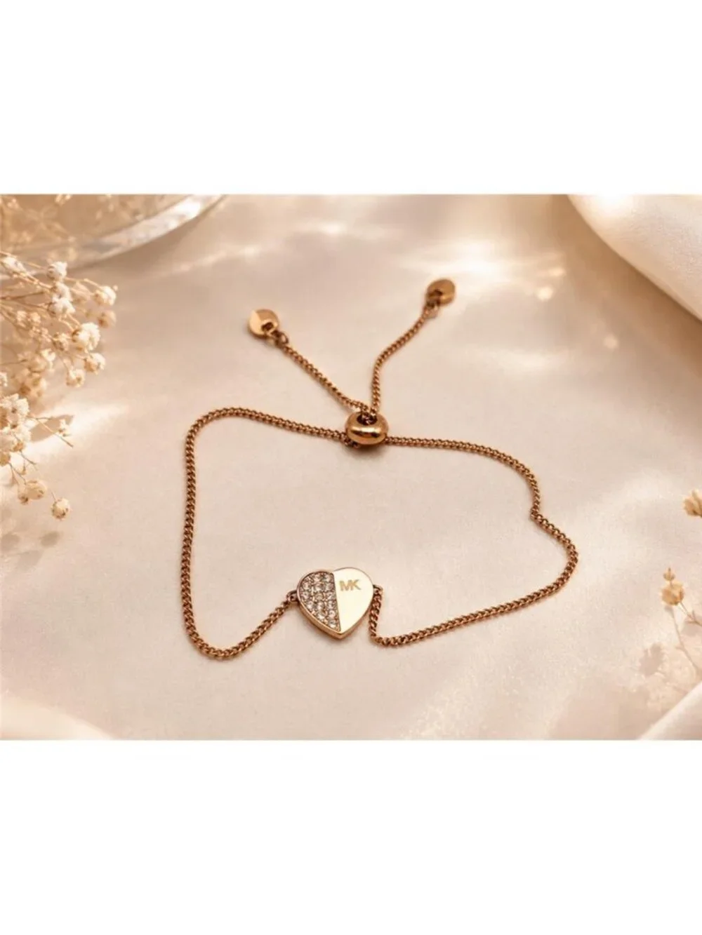 Michael Kors Rose Gold Tone Clear CZ Pavé Heart Slider Bracelet One Size
